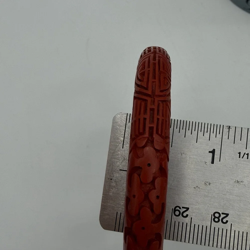Vtg Chinese Cinnabar Carved‎ Bangle Bracelet Red Lacquer Deeply Carved Intricate